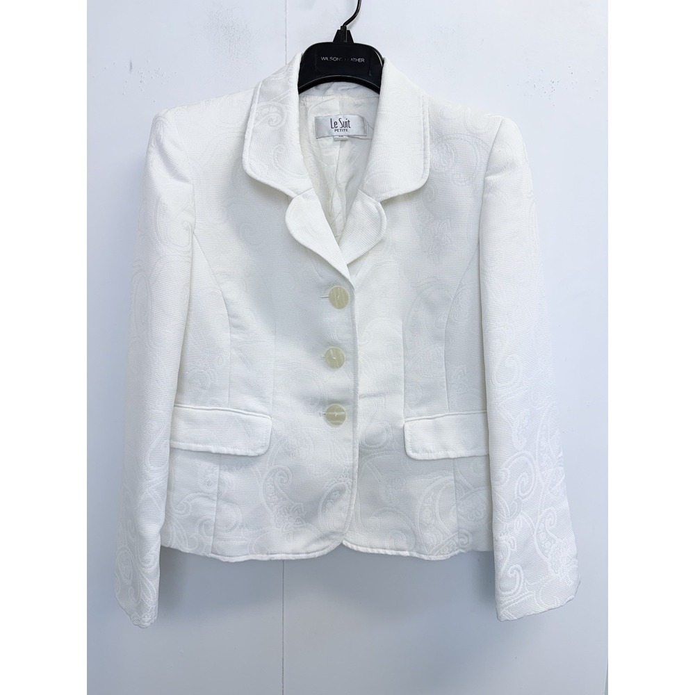 Le Suit Blazer Womens Size 8P Ivory Long Sleeve Paisley‎ Textured Jacket Pockets